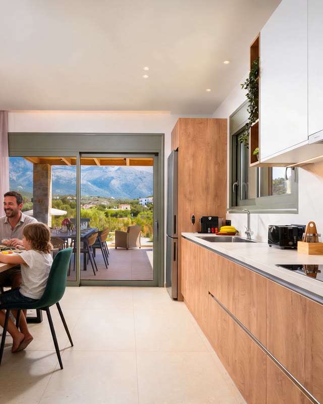 The Villa Domingo kitchen, open to the terrace and the mountains beyond